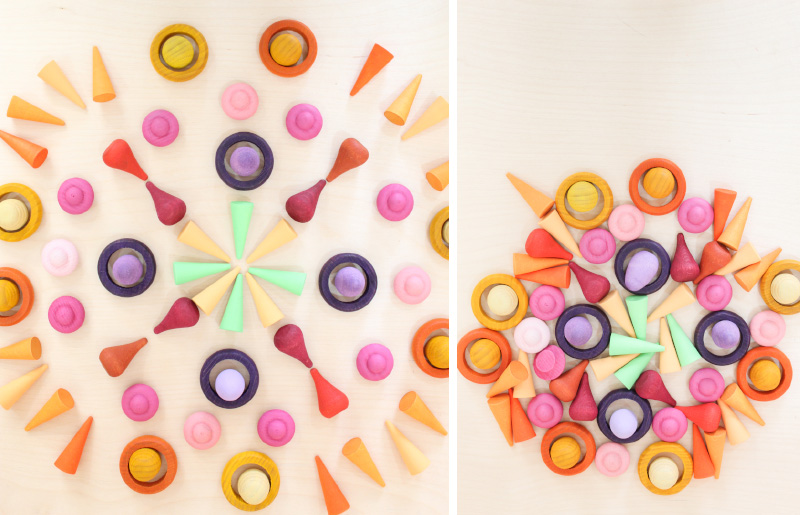 Mandala circular con piezas sueltas Grapat y las piezas recogidas para guardarlas - Qué es el juego heurístico: ejemplos de actividades con piezas sueltas