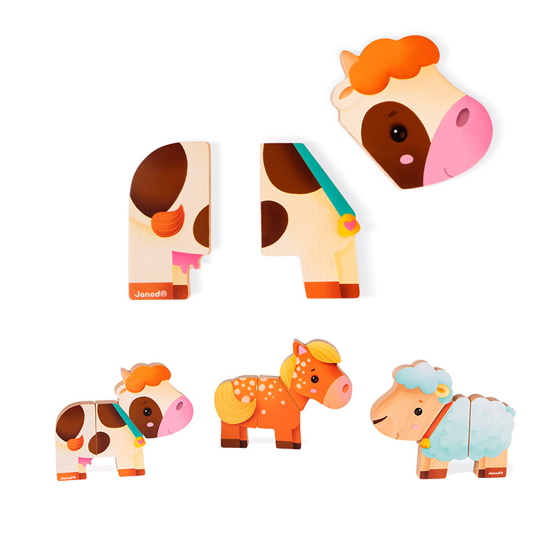 Janod - Animales Familiares Magnéticos - Juguete de Estímulo - 3 Vehículos 3 Animales de Madera - Estimula la Destreza - Juego de Madera FSC - A Partir de 18 Meses, J03315
