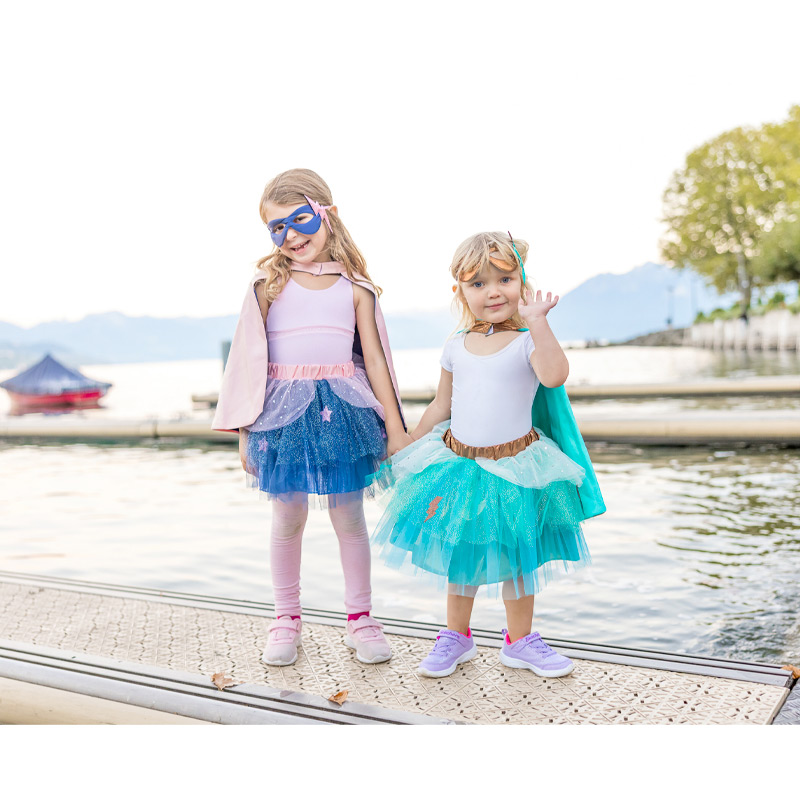 Fato com tutu, máscara e capa azul 4-6 anos