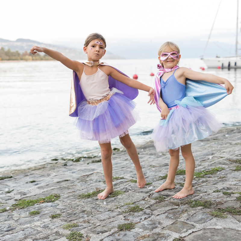 Fato Superfantástica Tutu, Capa e Máscara Metalizadas Douradas 4-6 anos
