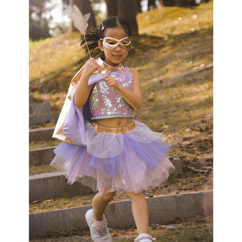 Fato Superfantástica Tutu, Capa e Máscara Metalizadas Douradas 4-6 anos