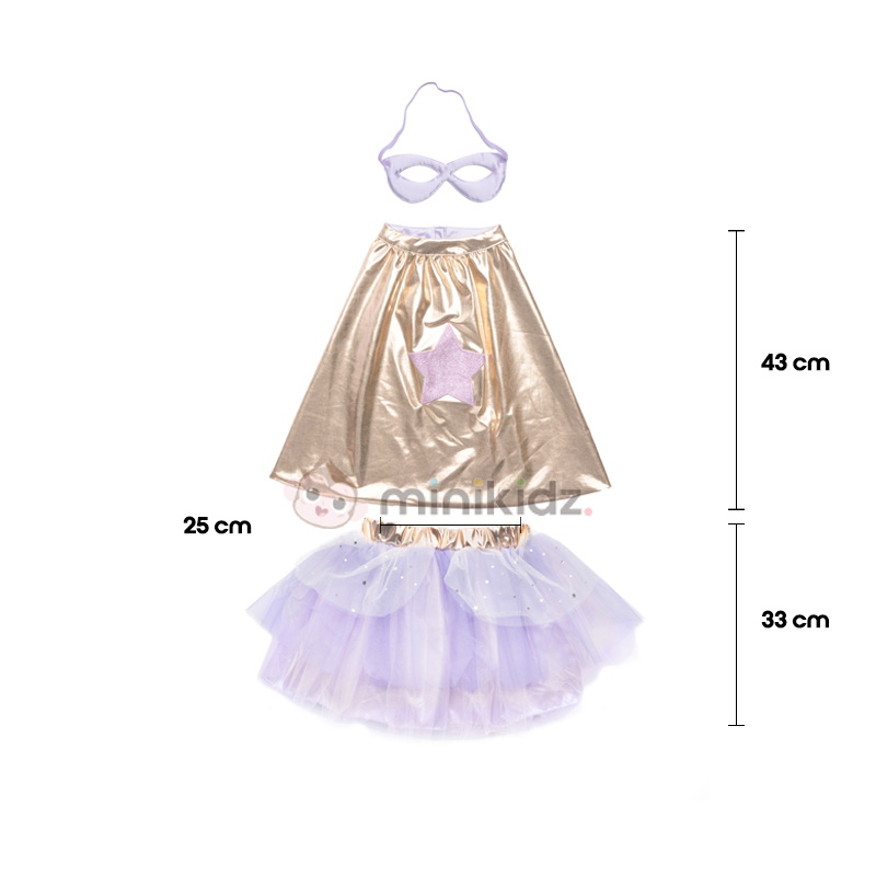 Fato Superfantástica Tutu, Capa e Máscara Metalizadas Douradas 4-6 anos