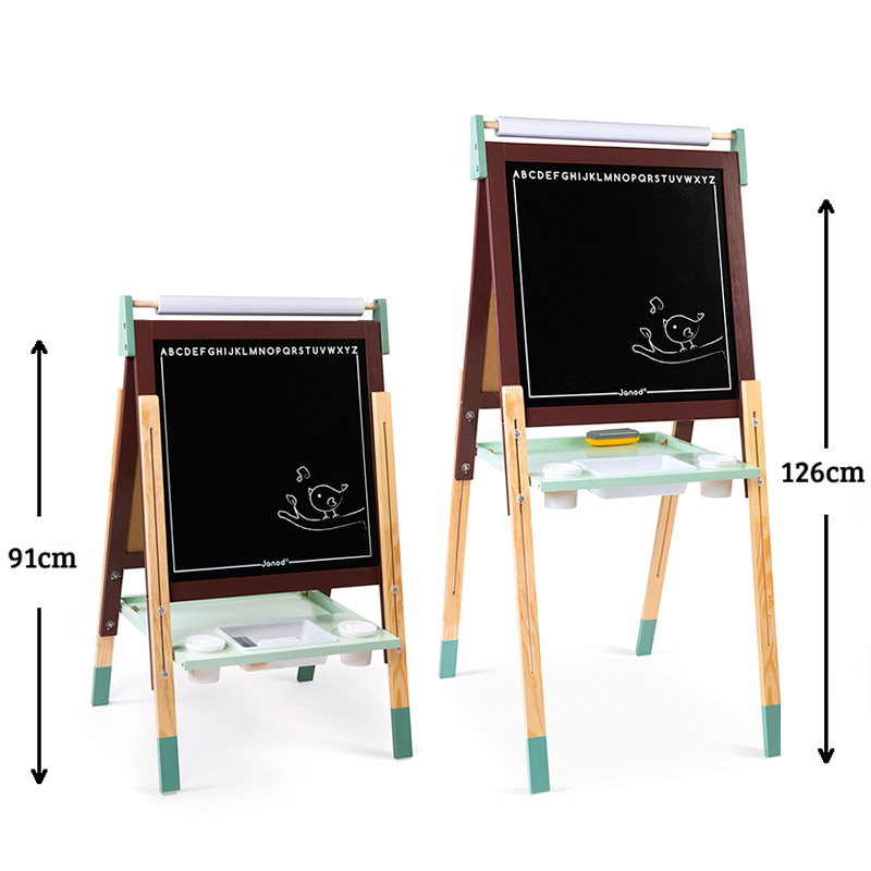 Janod Pizarra Infantil De Madera Con Altura Regulable | Doble Cara (Blanca Y Negra) | Incluye Accesorios Como Tizas, Rotulador Y Rollo De Papel | De 91 A 126 Cm